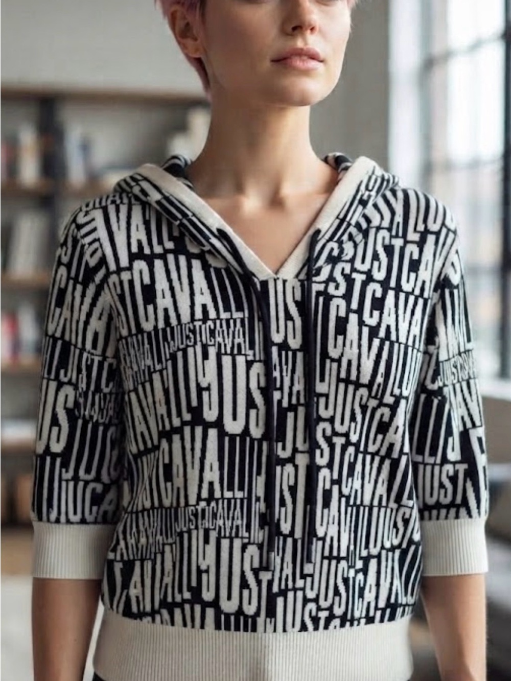 Just Cavalli (Roberto) Black & White Logo Hooded Knit 3/4 Sleeves Top Medium